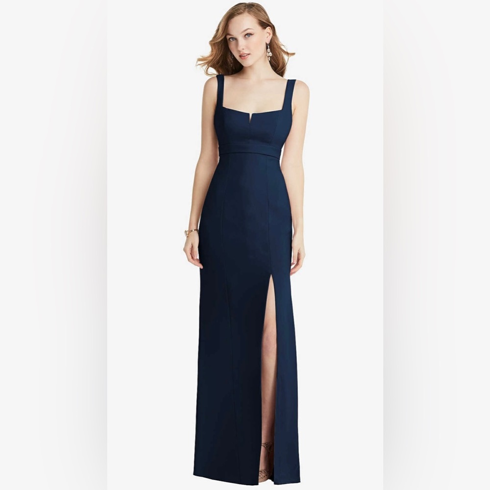 After Six Wide Strap Notch Empire Waist Dress w/ Front Slit - Midnight Navy - 12